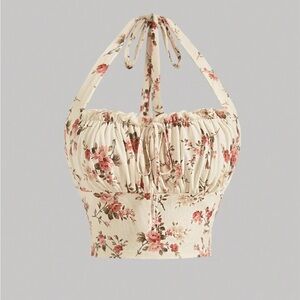 SHEIN Cream Floral Halter Crop Top